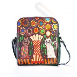 Stork Bohem Style Kedi ve Vazo Tasarımlı Büyük Postacı Kol Çantası - Yeşil